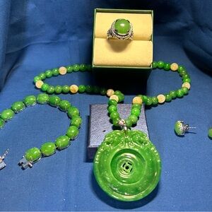 Green Jade Carved Pendant Necklace Set - Women Jewelry
